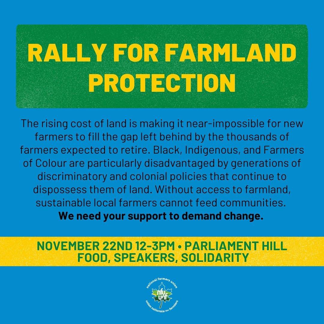Calling all young farmers and farm worker leaders of the NFU! 🌱 Join us on Nov 22nd for a powerful rally on Parliament Hill. Young farmers and farm workers deserve a fair shot at land access and stewardship. Together, we will make a difference! ✊ #NFUCanada #CdnAg