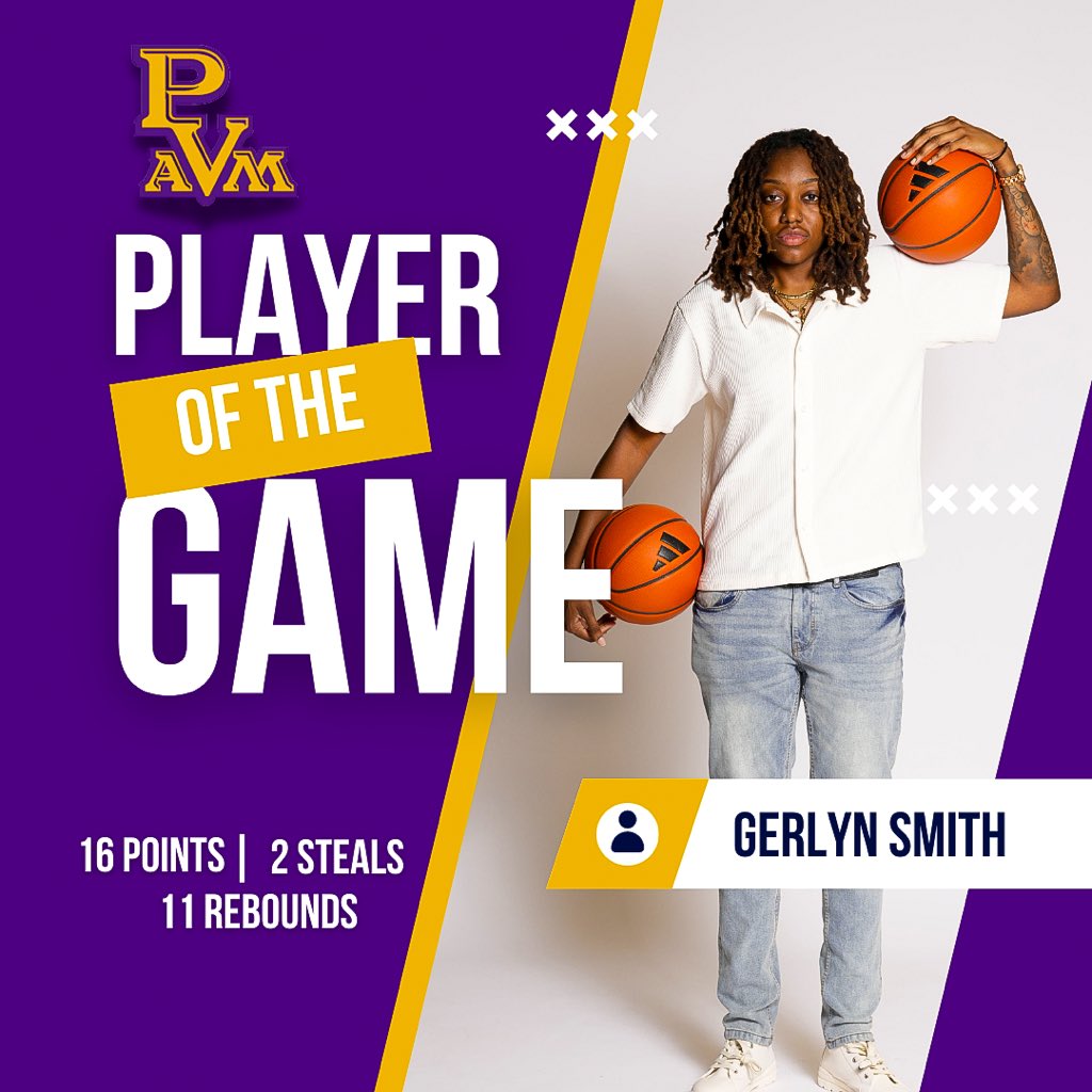 PVAMU_WBB's tweet photo. AND NOW… OUR PLAYERS OF THE GAME 🥁 Gerlyn Smith &amp; Ryann Payne!!!!

G had 16 points, 11 rebounds &amp; 2 steals
ANOTHER DOUBLE-DOUBLE
 
Ryann had 18 points, 4 assist &amp; 6 rebounds!

#playerofthegame🏀 #WhereChampionsAreBuilt #PVAMU #PVAMUWBB #BreakThrough https://t.co/gQVuQBvEoW