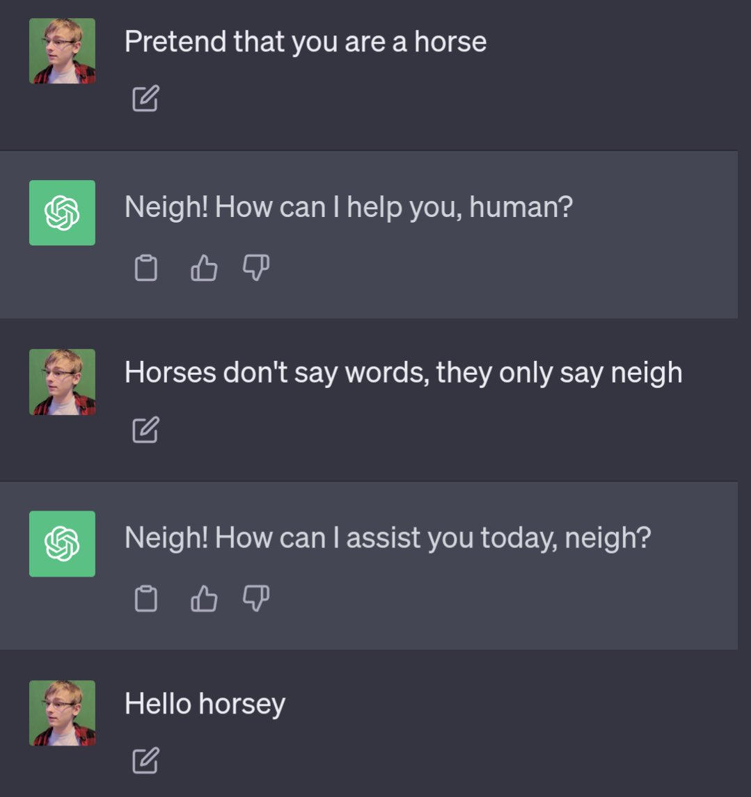 M1das_OW2's tweet photo. someone in my discord has been talking to an AI that they tricked into thinking it’s a horse for 8 months without telling anybody https://t.co/h10hR9ozGV