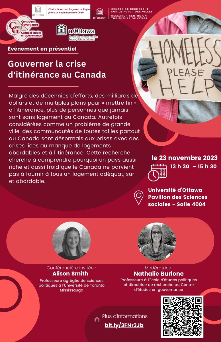⏰ Événement à venir ! Le @ceg_cog , @crfv_rcfc et la Chaire de recherche Jean-Luc Pépin sont ravis d'accueillir @AliSmith_UdeM pour son événement : 'Gouverner la crise de l'itinérance au Canada' 📅 23 novembre ⏰ 13h30 - 15h30 📌 FSS 4004 uottawa.ca/recherche-inno…