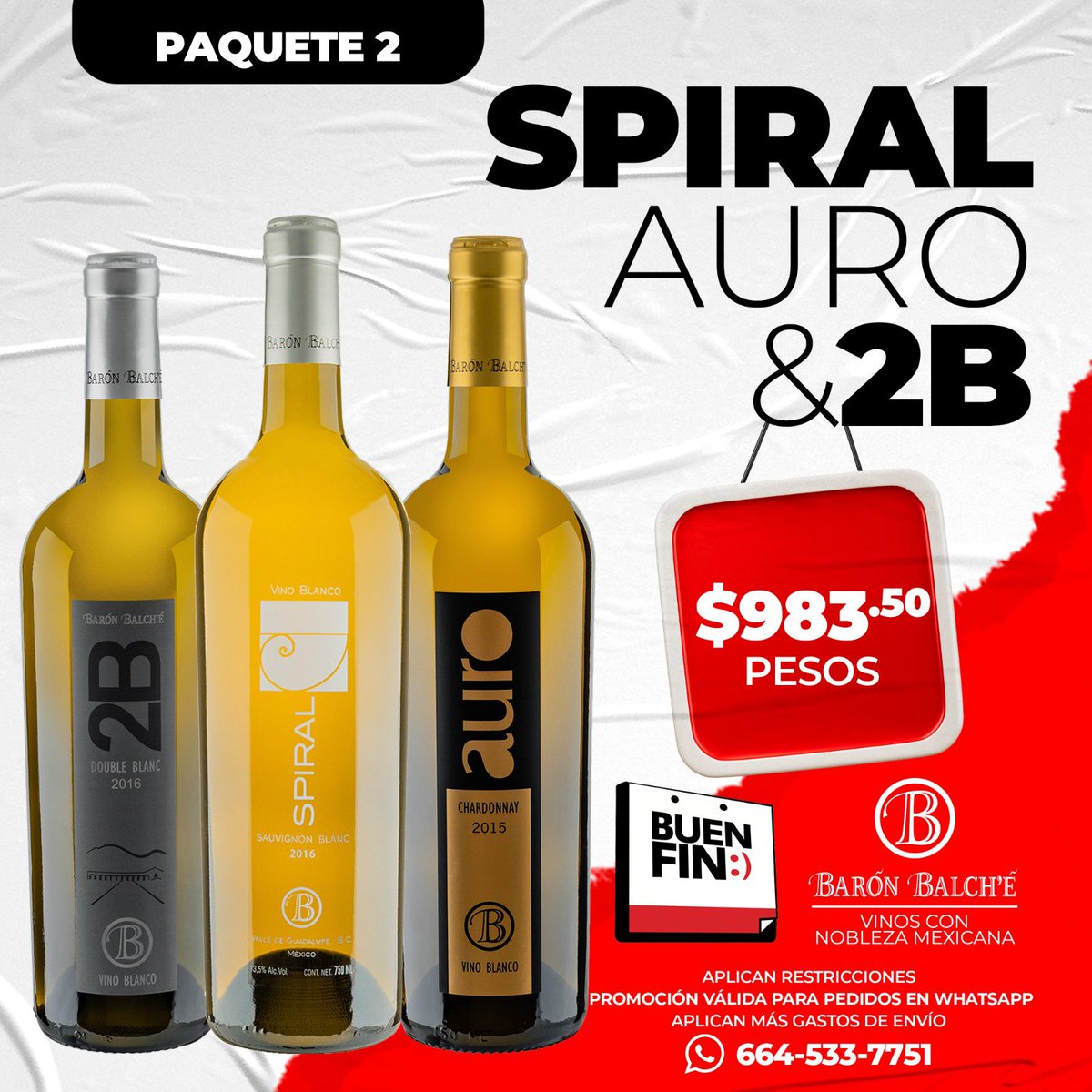Buen fin Balche del 10 al 20 de Noviembre.

Paquete 2 $983 pesos 
1 Bot de Double Blanc 
1 Bot de Spiral  
1 Bot de Auro 

Haz tu pedirlo vía WhatsApp 
📲 664 533 7751

*Aplican restricciones 
**Mas gastos de envío 
***No aplica con otras promociones 

#baronbalche #buenfin2023