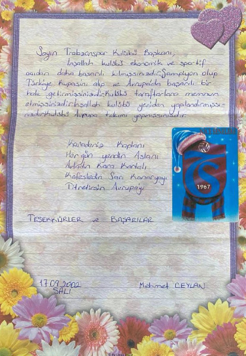 Trabzonspor'un Ankara'da yaşayan taraftarı Mehmet Ceylan, '2023'e Cumhuriyetimizin 100. Yılına Mektup Kampanyası' kapsamında 17 Eylül 2002'de kulübe mektup yazdı. 21 yıl önce yazılan mektup, Trabzonspor'a teslim edildi. Taraftar, Trabzon'a ve bir Süper Lig maçına davet edildi.