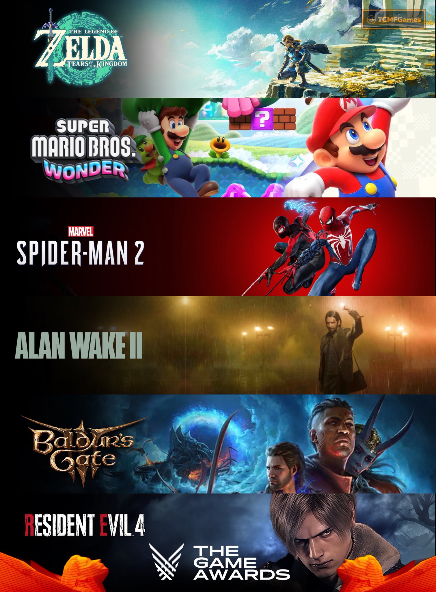 The Game Awards  Game of the Year Nominees Alan Wake 2 Spider-Man 2  Resident Evil 4 Baldur's Gate 3 Super Mario Bros. Wonder The Legend of  Zelda: Tears of the Kingdom : r/pcmasterrace