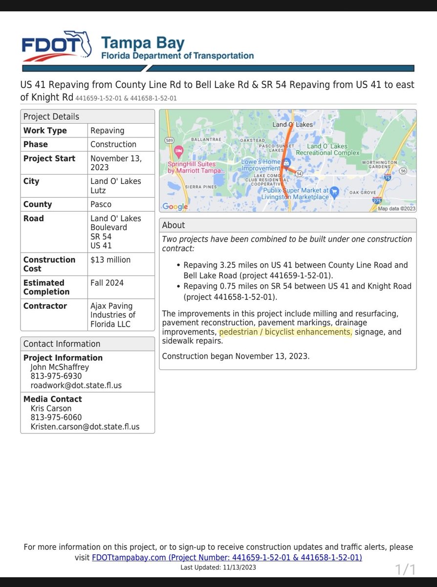 CowzerOwzer7's tweet photo. @MyFDOT_Tampa @LakerLutzNews How will lane closures affect 54's bike lanes? Will the email alerts mention bike lane or sidewalk closures? What are "pedestrian / bicyclist enhancements"? Does it mean they might add bike lanes to connect to those on 41 south of County Line? Or at least a southbound sidewalk? https://t.co/1yW4aPeWrz