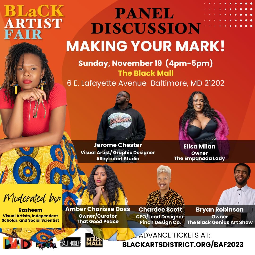The Black Artist Fair proudly presents "Making Your Mark!" — a captivating panel discussion featuring Black creative entrepreneurs. Join us as they share their inspiring stories and drop gems for fellow creatives that they have learned along the way!