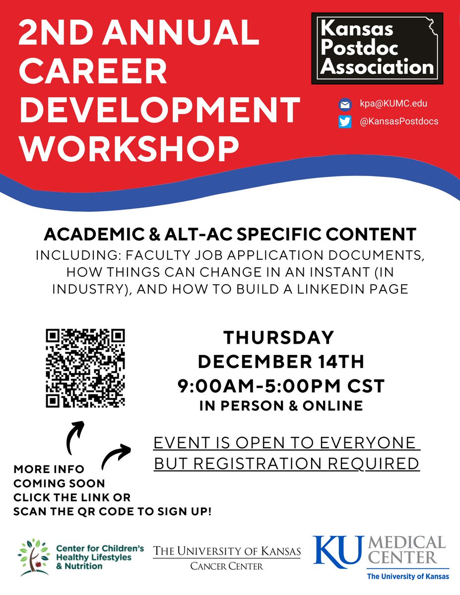Our 2nd Annual Career Development Workshop is on December 14th! More details to follow - the event is open to everyone and will be recorded. Folks from other institutions are welcome!
Use the QR code or this link to register: redcap.kumc.edu/surveys/?s=8A8…