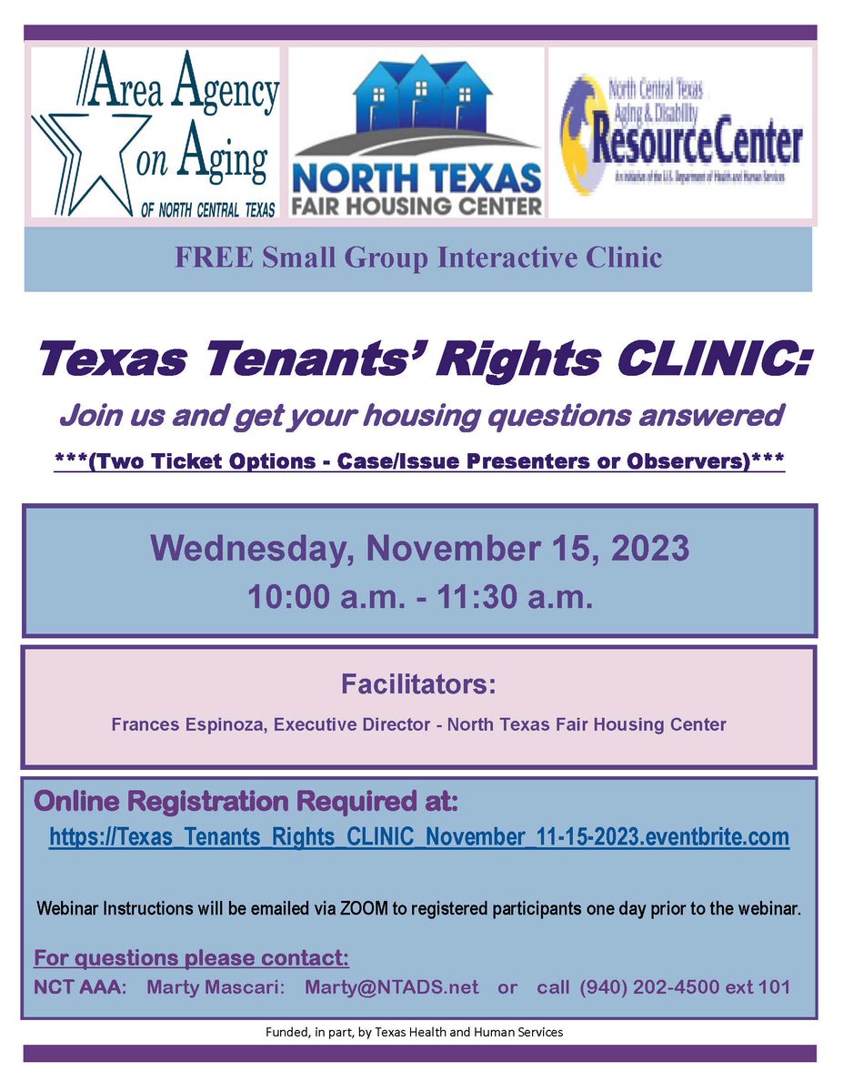 ⭐ REGISTER TODAY ⭐
The North Texas Fair Housing Center presents: Texas Tenants' Rights Clinic
DATE: Wednesday, November 15, 2023
FREE REGISTRATION: …ic_november_11-15-2023.eventbrite.com
#NTFHC #northtexasfairhousing #tenantsrights #housingrights #nctaaa #nctadrc