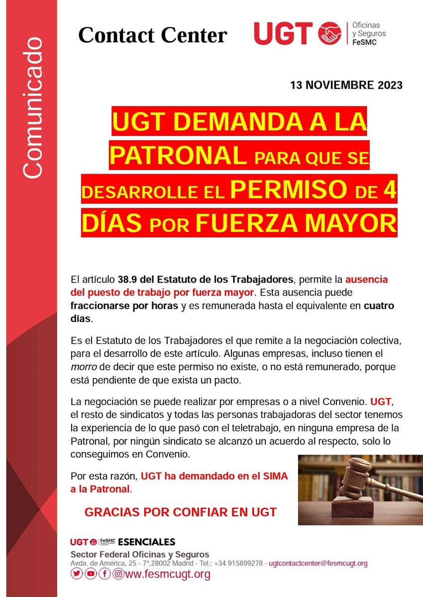 ✊🏻 UGT ha demandado a la Patronal en el SIMA para que se desarrolle el permiso de 4 días por fuerza mayor 

📖 Os lo contamos todo más abajo👇🏻

#UGTKonecta