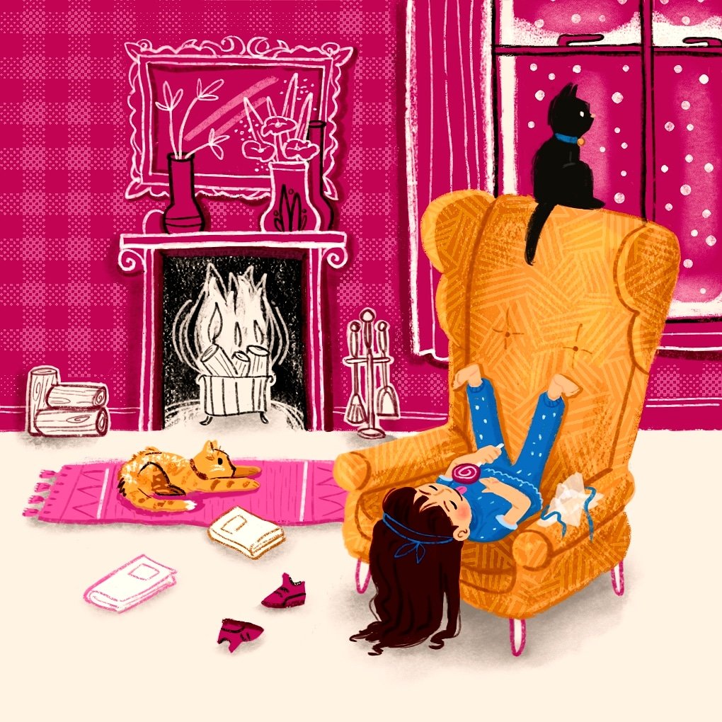 I'm having fun dressing rooms and playing with colours 🤩 Who doesn't love a big comfy armchair by a fireplace 🤗 Happy Monday 🎉 #picturebookillustrator #illustrator #mood