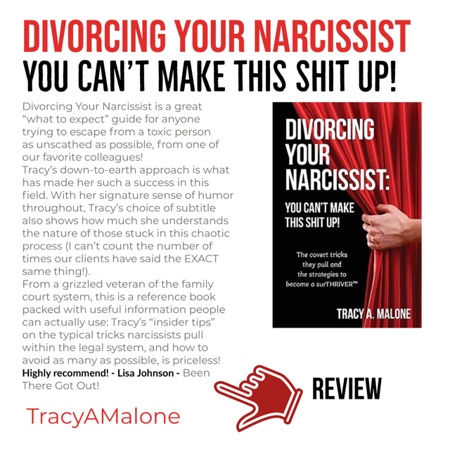 TracyAMalone's tweet photo. I got some amazing reviews on my #book when it came out. #Divorcingyournarcissist? You should check it out! Link in my bio #narcissist #narcissism #covertnarcissist #narcissisticabuse #narcissistabusesupport #tracyamalone #divorcinganarcissist #youcantmakethisshitup #lisajohnson https://t.co/cfGJX0MXCK
