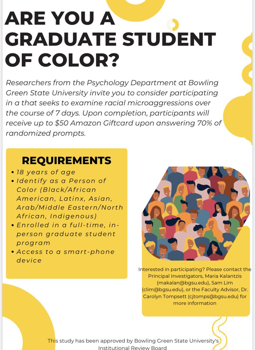 excited to announce that a second wave of data collection is currently underway for contextualizing racial microaggressions in graduate students of color! Please email makalan@bgsu.edu if you’re interested in participating!