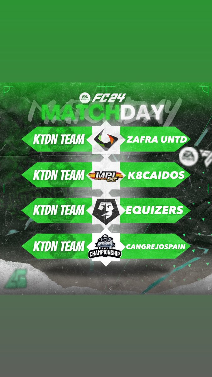 💚NUESTRAS JORNADAS DE LIGA💚

🏆 <a href="/RGG_CPL_ESPANA/">RGG-CPL</a>
⏰ 22:20H
🆚 <a href="/ZafraUnited/">𝐙𝐀𝐅𝐑𝐀 𝐔𝐍𝐈𝐓𝐄𝐃 🎮</a> 

🏆 @MPL_VSL_EAFC24 
⏰ 22:40H
🆚 @K8Caidos

🏆<a href="/VFOspain/">VFO España</a> 
⏰ 23:00H
🆚 <a href="/eQuizersFC/">eQuizersFC</a>

🏆 <a href="/Ace_espanaa/">ACE España</a> 
⏰ 23:20H
🆚 <a href="/cangrejospain/">CangrejoSpain eSport</a>

💚#UNAVEZKTDNSIEMPREKTDN💚