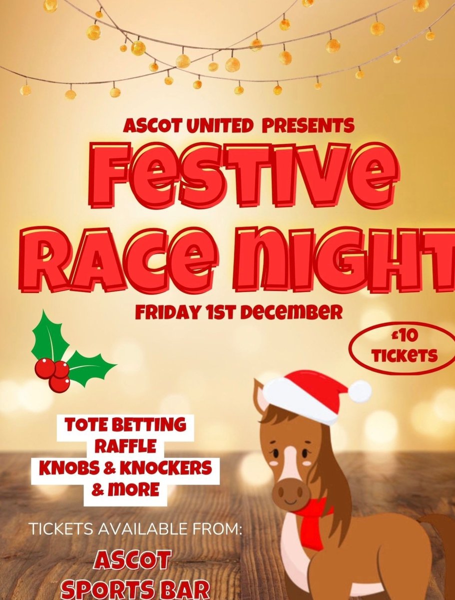 Ascot United Women & Girls FC (@ascotwomenfc) on Twitter photo 🚨 Limited Tickets Still Available🚨
Hurry to secure your 🌲 Festive 🐎Race Night 🎟 Ticket before they are all gone
Tickets available from the <a href="/AscotSportsBar/">Ascot Sports Bar</a> or email 📧 Donna.Graham@AscotUnited.net 🚨 Limited Tickets Still Available🚨
Hurry to secure your 🌲 Festive 🐎Race Night 🎟 Ticket before they are all gone
Tickets available from the <a href="/AscotSportsBar/">Ascot Sports Bar</a> or email 📧 Donna.Graham@AscotUnited.net