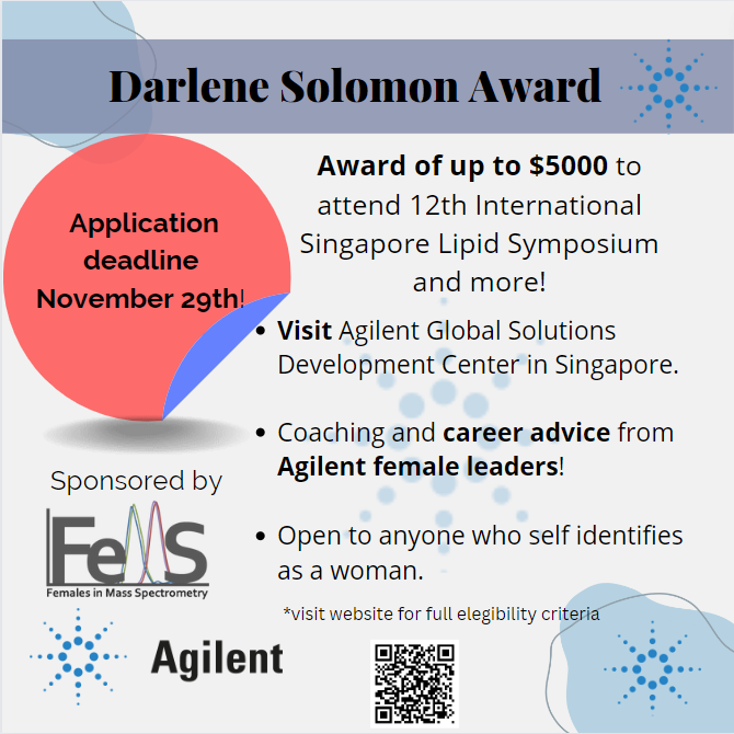 Reminder that the Darlene Solomon Award deadline is November 29th! This award helps a female identifying individual attend #ISLS12 in Singapore! Scan the QR code to learn more on our website or visit this link to apply: airtable.com/appFkoKmIO4G1Y…… #FeMS #TeamMassSpec