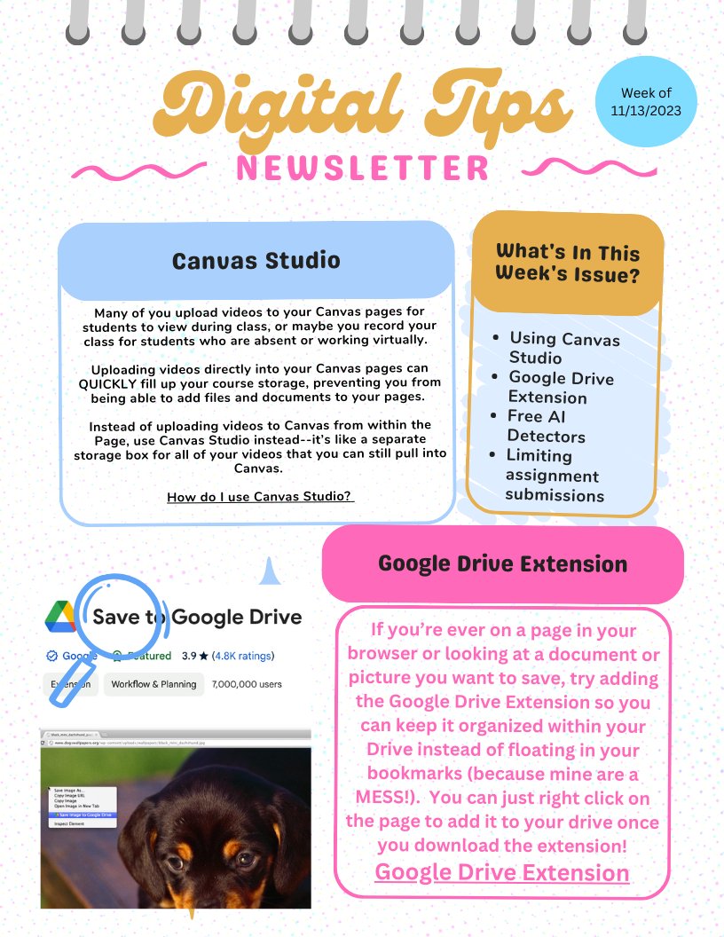 mkatiemoffett's tweet image. This week&apos;s Digital Tips of the Week newsletter includes using #CanvasStudio, #GoogleDrive Extension, and #AI Detectors.  #instructionaltechnology #LCSDExcellence #meansmorehere