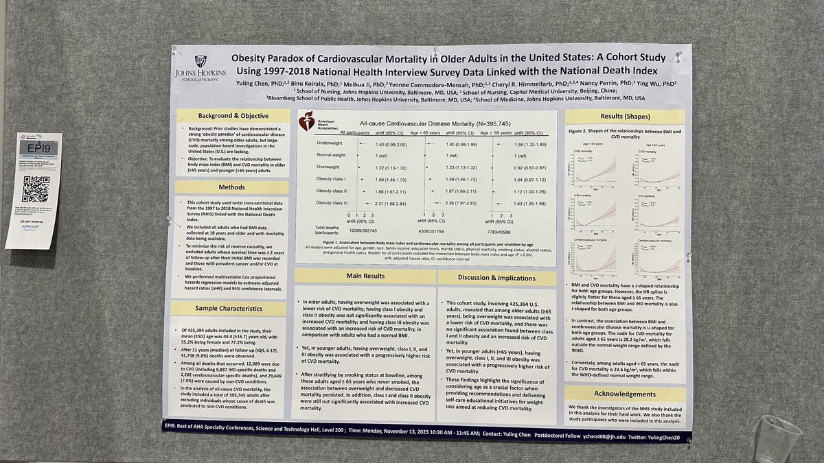 Congrats Dr. @YulingChen20 on your exciting work using NHIS data at #AHA23 Best of AHA Specialty Conferences poster section! @JHUNursing @ycommodore @bnukoirala