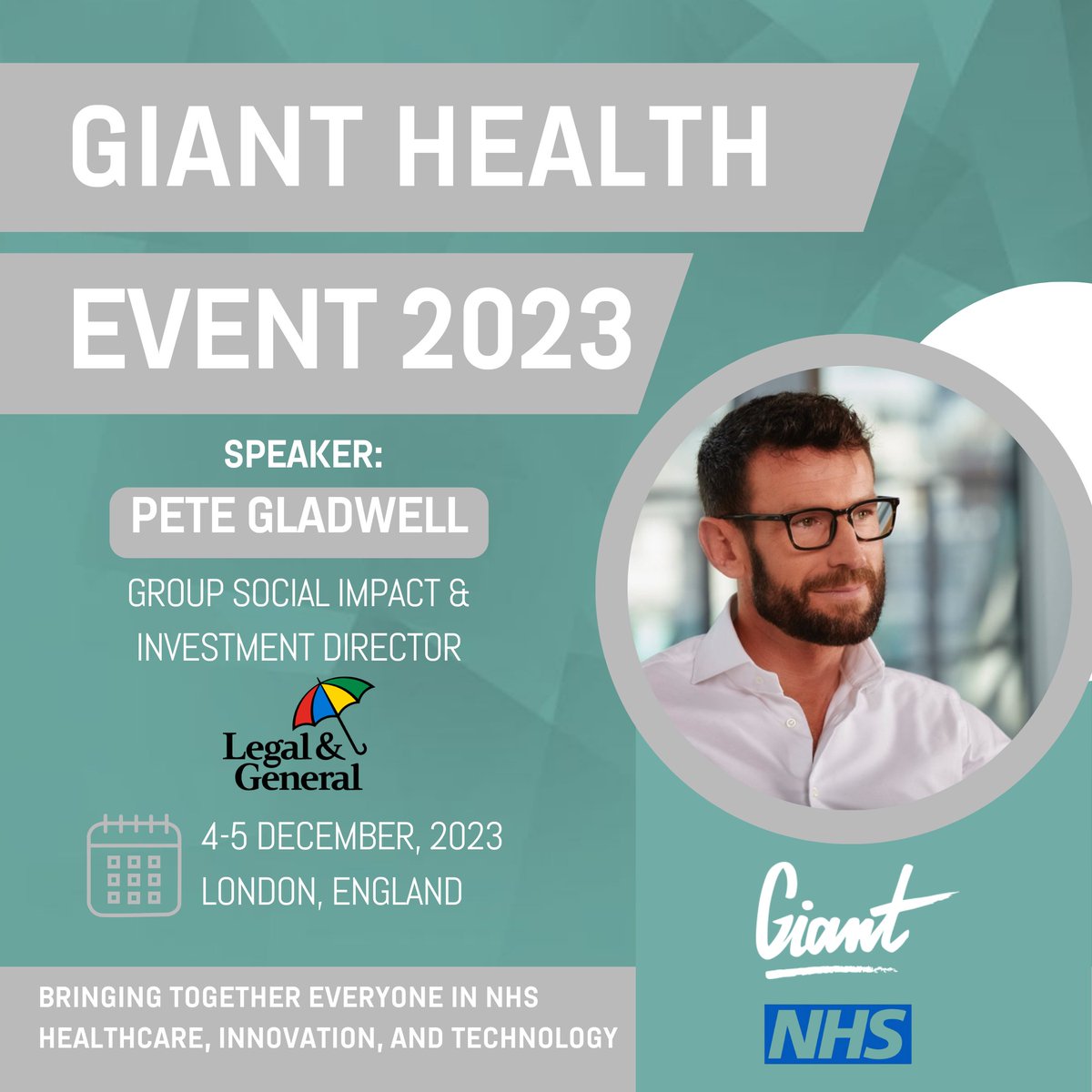 GIANT Health is proud to announce @petegladwell Director,Social Impact @landg_group as speaker at #GIANT2023 🗣️Join us at The NHS National ICS/ICB Congress and learn about Improving #Health through the Built Environment-Seizing the opportunity for impact 🎫giant.health/tickets