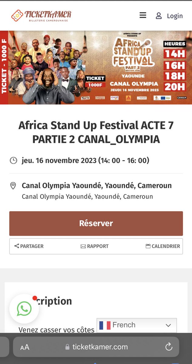 ticketkamer's tweet photo. Actuellement j’achète mon ticket pour le spectacle du #africastandupfestival de ce jeudi 16 au #CanalOlympiaYaoundé1 sur https://t.co/XwCGWNilw3

J’évite le long rang au guichet, j’achète sans stress sur https://t.co/XwCGWNilw3 la révolution de la billetterie en ligne 

Retweets https://t.co/ikUeYlZJcD