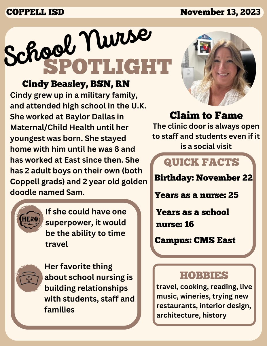 CISDHealth's tweet photo. This week's School Nurse Spotlight showcases Cindy Beasley at CMS East! @coppelleast #eastbroncos #CISDmissionpossible #CISDHealthServices https://t.co/KqMMrpOq1h