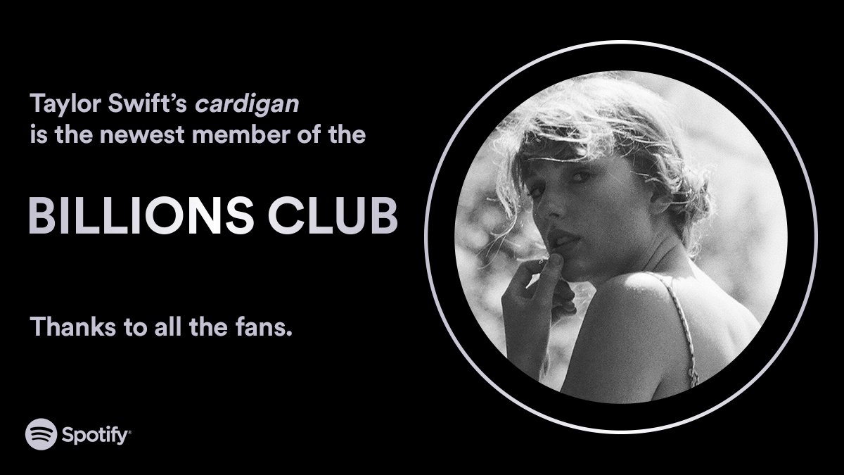 A billion tears and a billion streams deep — Congratulations <a href="/taylorswift13/">Taylor Swift</a> on another #BillionsClub hit with cardigan 🖤💄👑 spotify.link/billionsclub