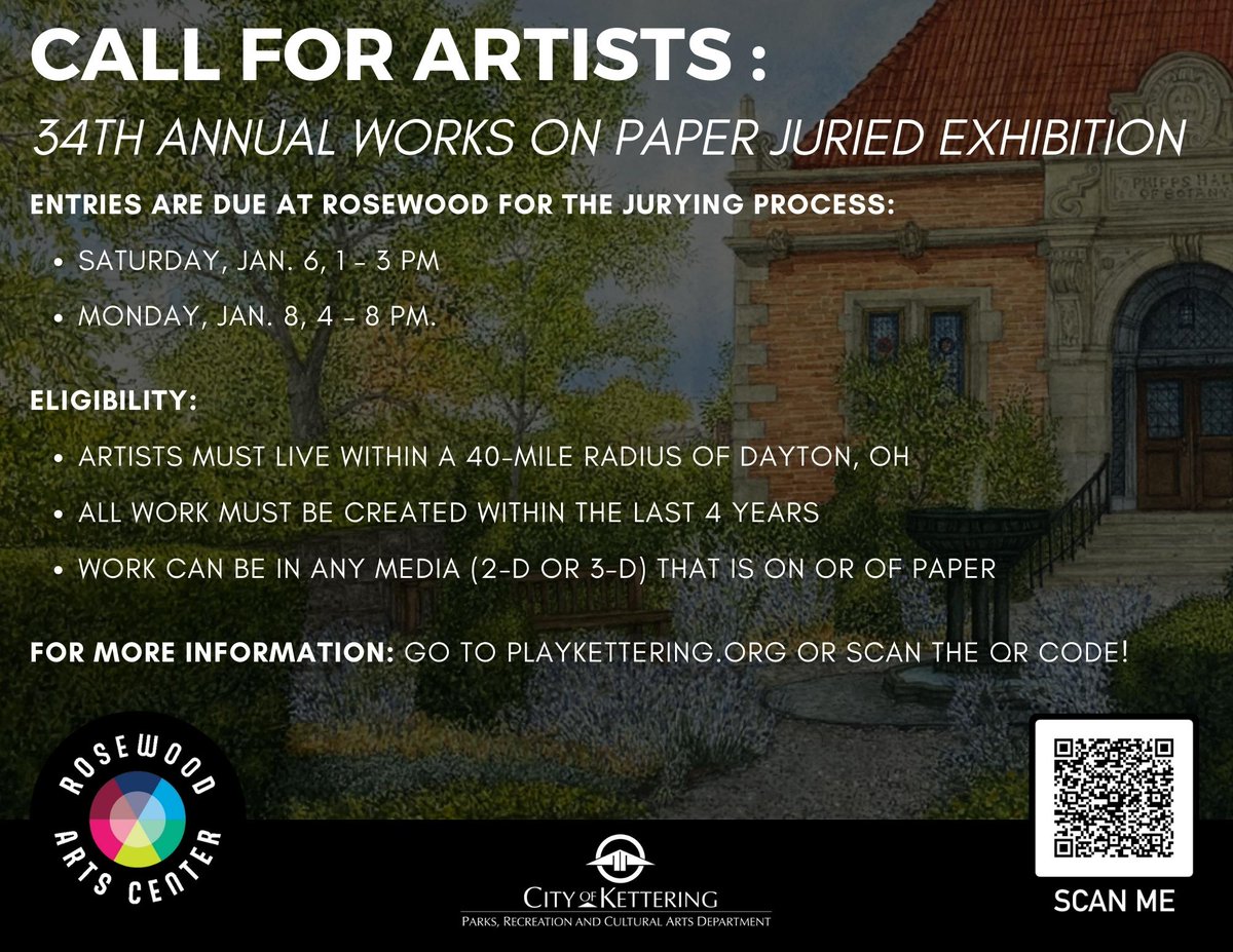Call for Artists! Rosewood Arts Center is happy to announce a call for entries for the 34th Annual Works on Paper Exhibition. To be eligible you must be an Artists living within a 40-mile radius of Dayton, Ohio. playkettering.org/rosewood-arts-…