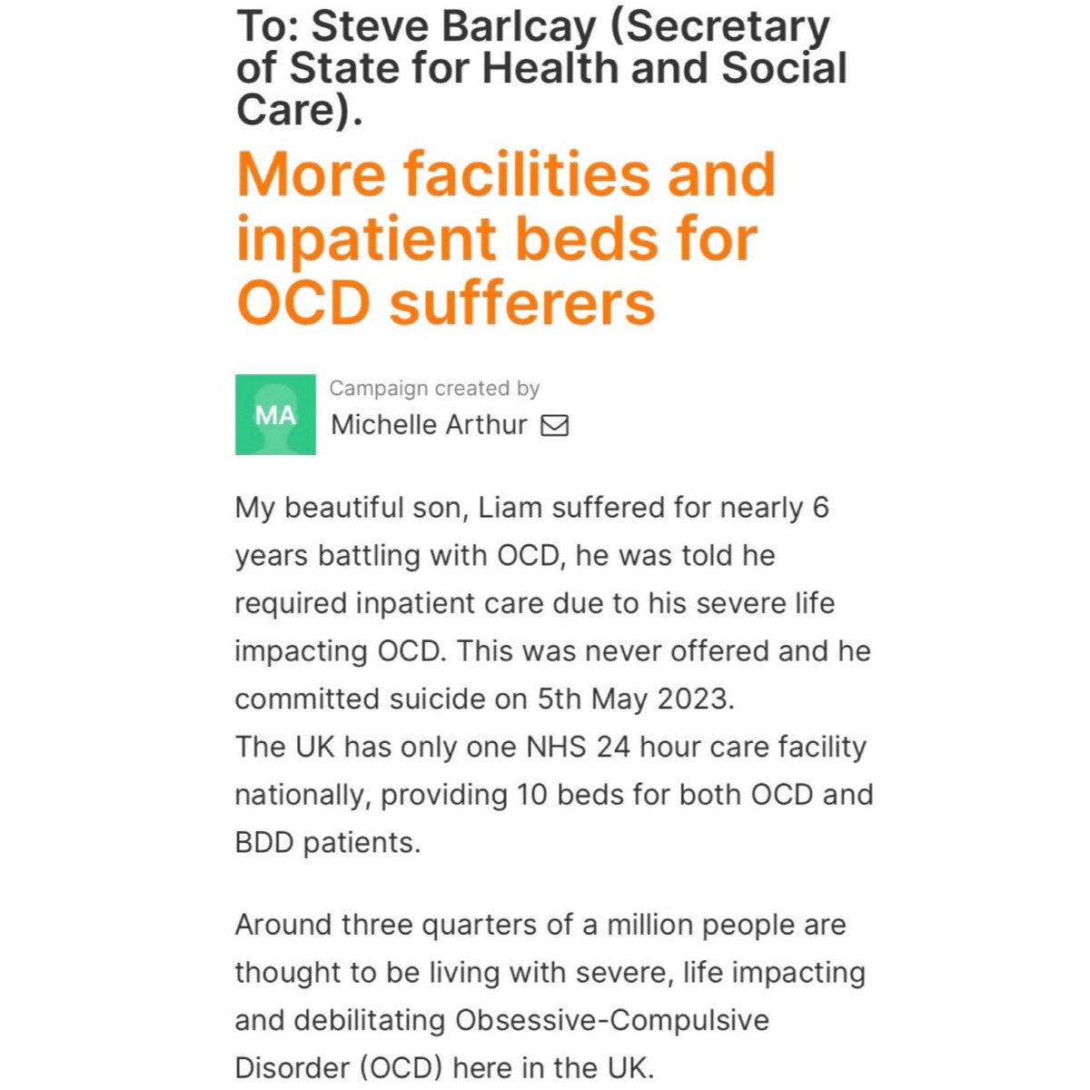 No family should endure the heartache that Michelle has faced. At OCD Action, we're dedicated to fighting for everyone affected by OCD to get the timely treatment they need.

Join Michelle in her campaign for change ➡️ bit.ly/4799Rtz
