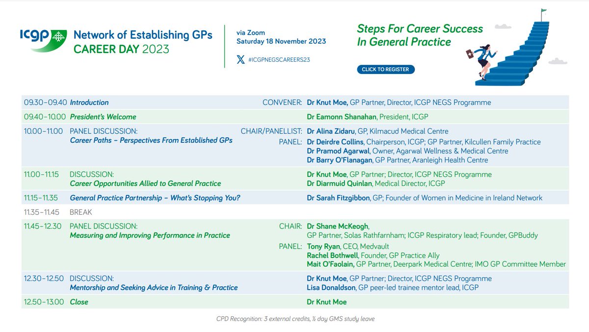 Have you registered yet for the NEGS Career Day this Saturday, 9:30-1pm? 
Register now: bit.ly/40AqbkY

Half-day online session with wide range of experienced presenters.
CPD Recognition: 3 external credits, ½ day GMS study leave.
#BEaGP #ICGPNEGSCAREERS2023