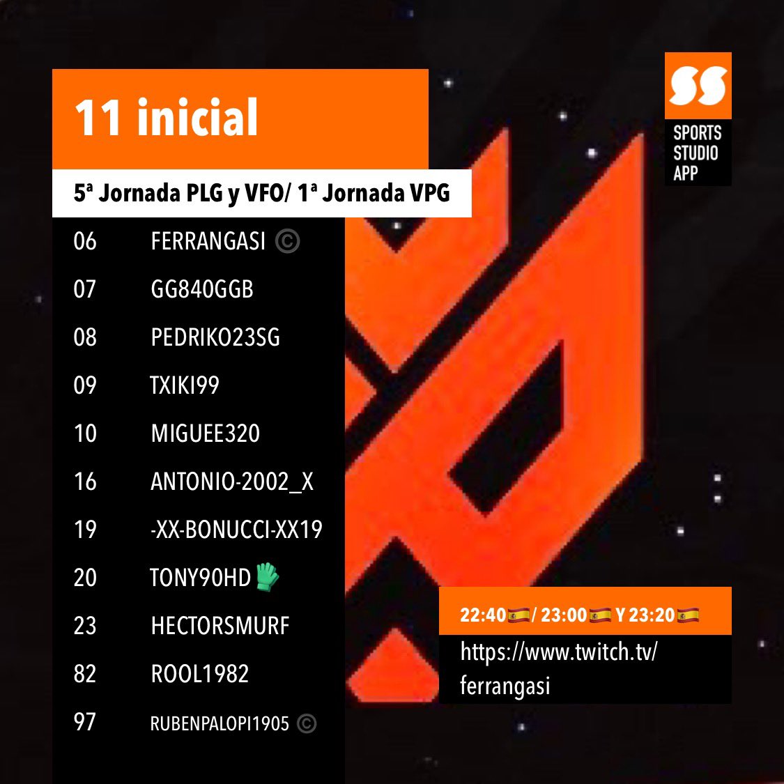 🟠 HOY JUGAMOS 

Empezamos la semana y empezamos <a href="/VPG_Spain/">Virtual Pro Gaming España</a>.

🏆 @PLGeFootBall J-5 
🆚 <a href="/Al_Rezar/">Al-Rezar FC eSports</a> 

🏆 <a href="/VFOspain/">VFO España</a> J-5
🆚 #Origen

🏆 <a href="/VPG_Spain/">Virtual Pro Gaming España</a> J-1 
🆚 @ALPHAWOLFS2 

🤝Suerte a todos los rivales.

#VamosLyokFox