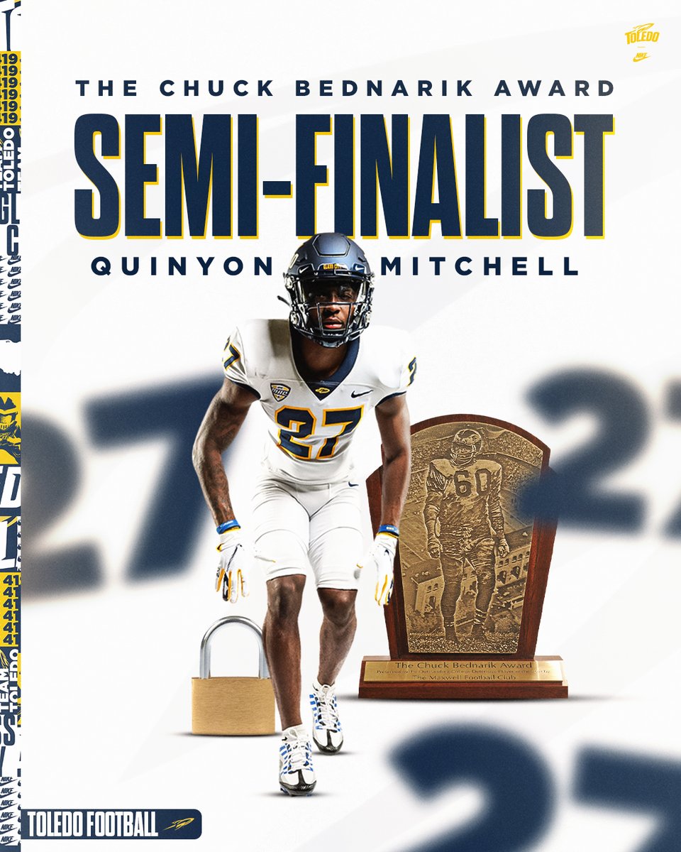 This is big. @QuinyonMitchell named one of 2⃣0⃣ semifinalists for the @BednarikAward as the nation's most outstanding defensive player. He is one of only 3⃣ semifinalists from the Group of 5 and the first Rocket to make the list since Barry Church in 2009! #TeamToledo