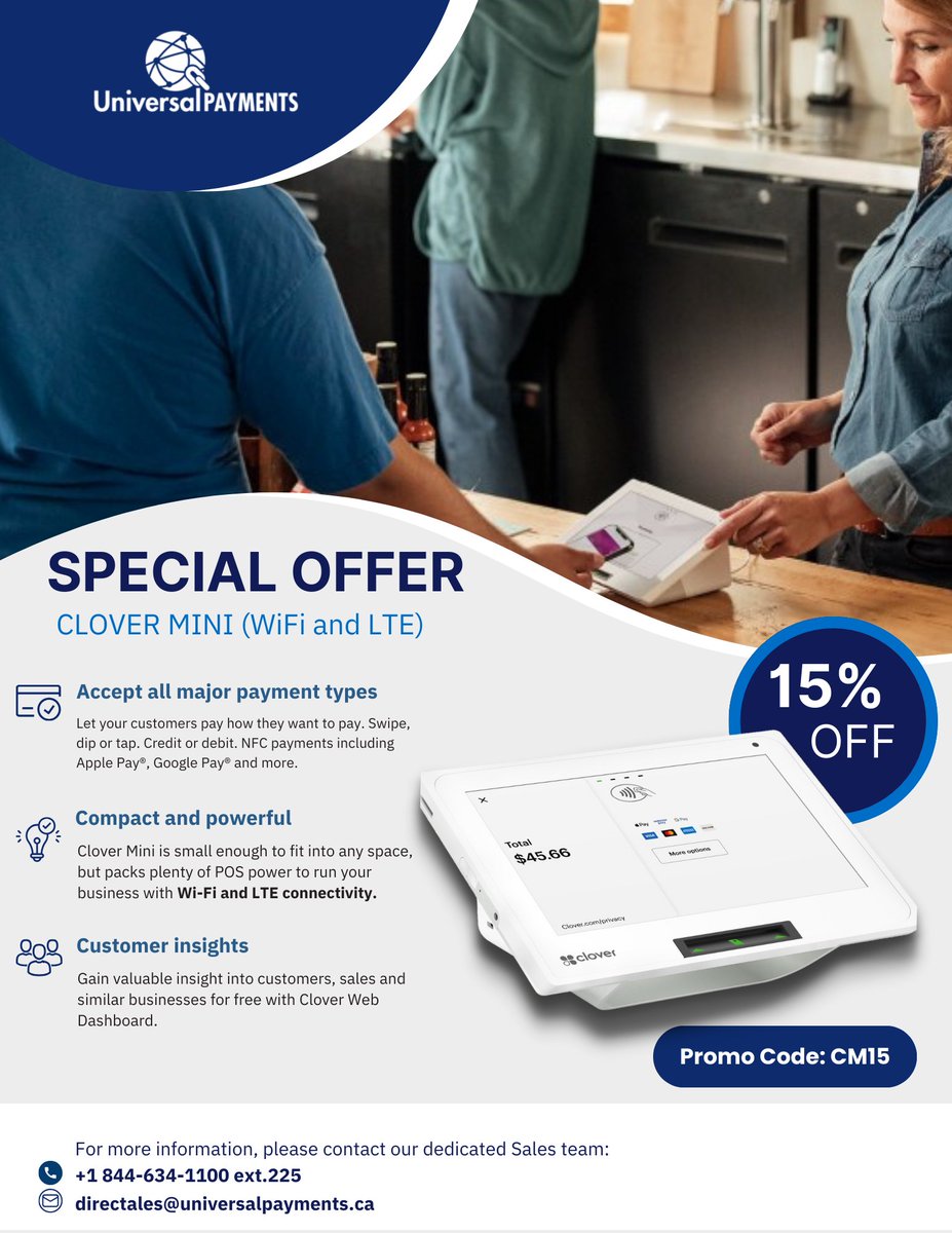 AK_Mullin's tweet photo. UNIVERSAL PAYMENTS: SPECIAL PROMOS WITH 15% OFF! Limited Time Offer!
CLOVER FLEX Gen 3 &amp; CLOVER MINI Gen 3
(Use PROMO CODES)

Order Today:
https://t.co/yuZrQ0Drjt
(CODE CF15)

https://t.co/AsYXoc2NIe
(CODE CM15)

Sales: 844-634-1100 ext. 225/or directsales@universalpayments.ca https://t.co/4qf6pIsEkr