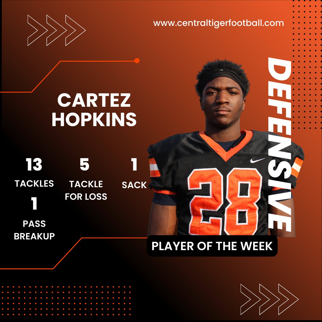 CHS_Tiger_FB's tweet photo. Co-Defensive Player of the Week, Cartez Hopkins. Cartez(Jr) dominated the defensive front Friday night, racking up 13 tackles, 5 tackles for a loss, 1 sack, and a pass breakup. #Tezzy https://t.co/Q4jW79NtpF