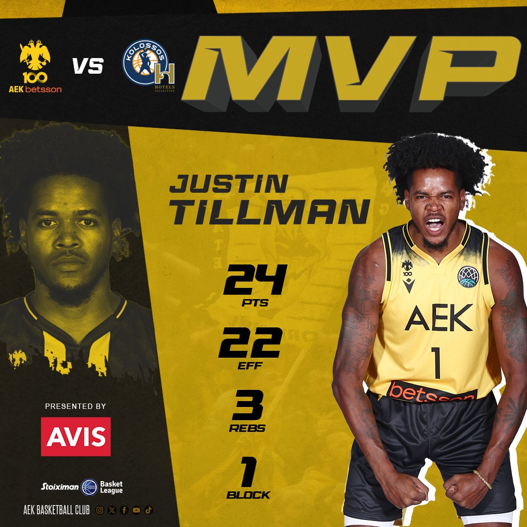 aekbcgr's tweet photo. #player_of_the_game ΑΕΚ BETSSON BC -  @KolossosHHotels o Justin Tillman 🔥

#aekbetssonbc #season2023_2024 #stoiximanbasketleague #aekkol https://t.co/stR57kfBfK