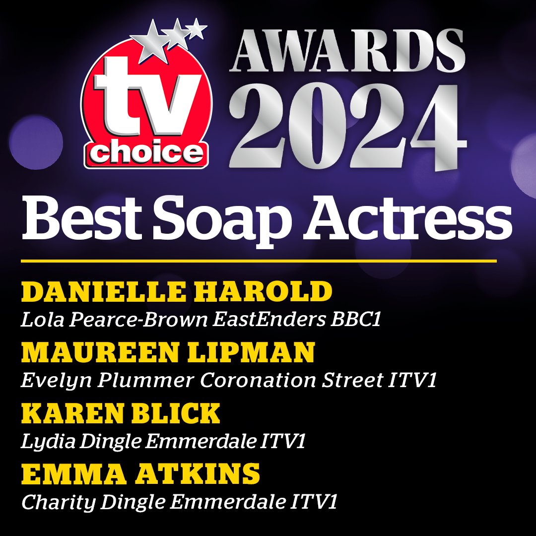 This is your final reminder that voting in the 2024 #tvchoiceawards shortlist closes at midnight TOMORROW!... Make sure your vote counts! Our final category is BEST SOAP ACTRESS CLICK HERE TO VOTE NOW tvchoicemagazine.co.uk/vote @DHaroldOfficial @maureenlipman @karenblick