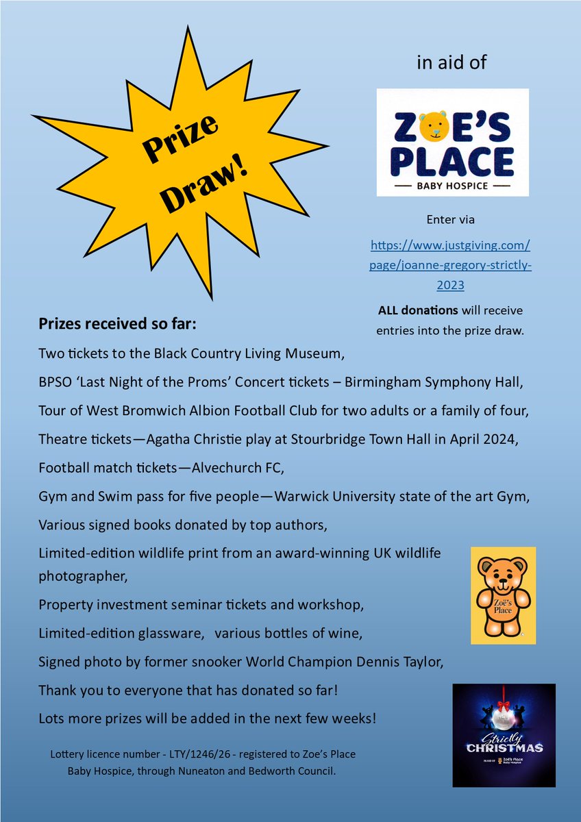 bonsai_boy's tweet photo. Prize Draw
My wife is dancing in Strictly Christmas '23 &amp; raising funds for Zoe's Place Baby Hospice in Dec 
23. We are running a prize draw in late November &amp; December – so people can enter over the next few weeks (link above). Lottery reg'd with Nuneaton &amp; Bedworth Council https://t.co/uI7xAW8D4K
