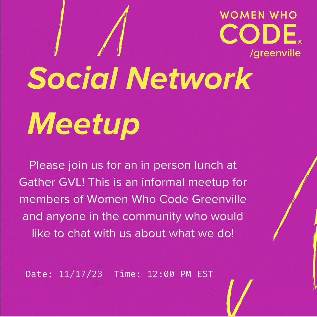 WWCodeGville's tweet image. Please join us for an in person lunch at Gather GVL! This is an informal meetup for members of Women Who Code Greenville and anyone in the community who would like to chat with us about what we do! Link to our events in bio
#wwcode #wwcodegville