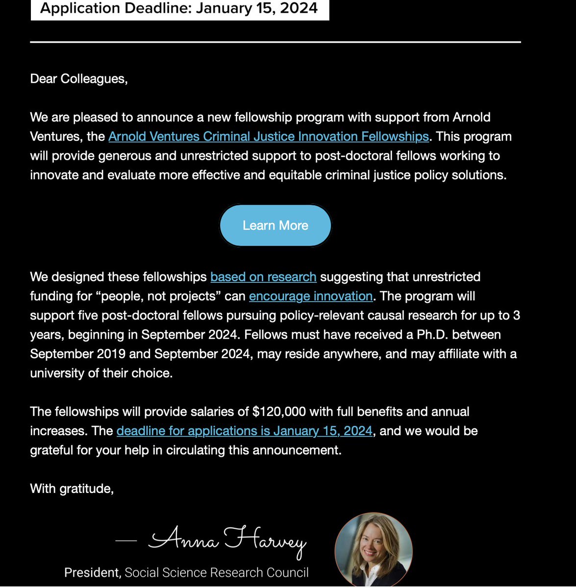 So excited about this! If you're on the academic job market this year with *causal* work related to crime/criminal justice policy, please apply for these amazing AV-funded <a href="/ssrc_org/">SSRC</a> post-doc fellowships.

ssrc.org/programs/arnol…