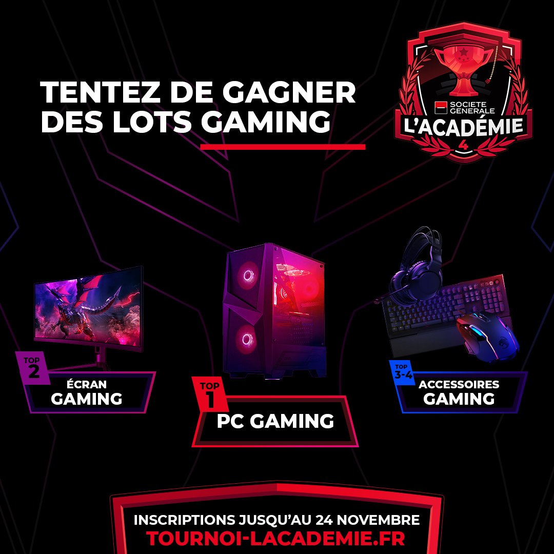 Cette année, pour la 4eme édition de l'Académie, <a href="/SGesport/">Société Générale Esport</a> change la formule en vous proposant des tournois #RocketLeague et #TFT 🔥

Ce tournoi est réservé aux étudiants et des lots d’une valeur totale de 6000€ sont à gagner ! 🎁

Inscriptions sur tournoi-lacademie.fr