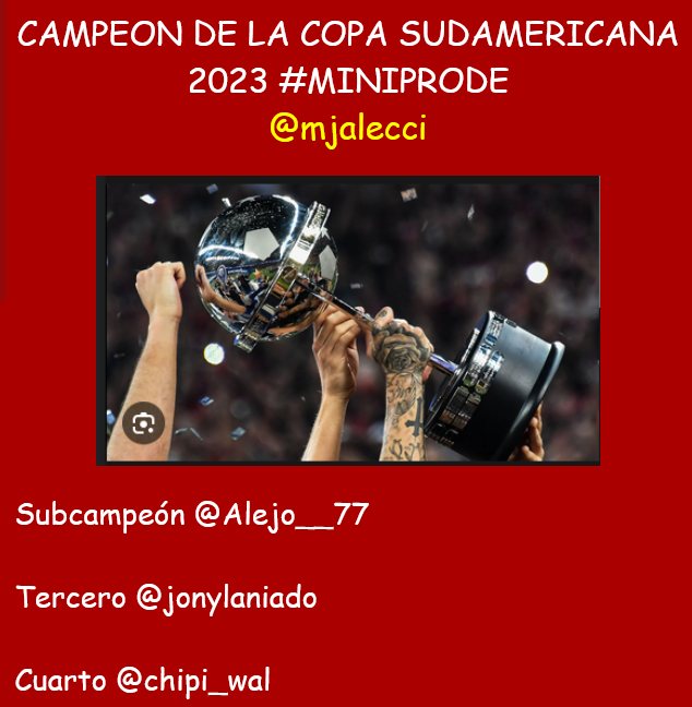 #MiniPRODE COPA SUDAMERICANA 2023

CAMPEON <a href="/mjalecci/">maxi</a>

Subcampeón <a href="/Alejo__77/">Ale</a>

Tercero <a href="/jonylaniado/">Jony Laniado</a>

Cuarto <a href="/chipi_wal/">WALTER AGUIRRE</a>