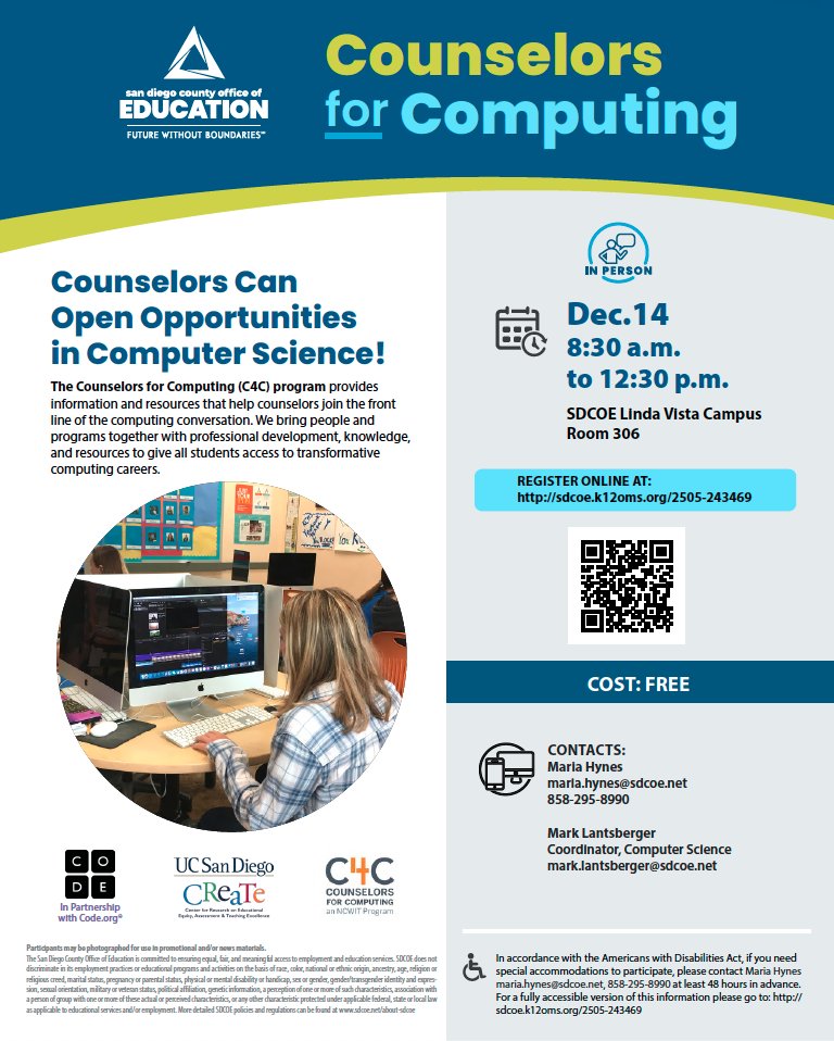 SD Counselors! CS is driving the job market. If you want to talk to your students about sustainable future careers, join the Counselors 4 Computing workshop with @NCWITC4C on December 14. See graphic for signup information. @VCPUSD @EUHSD @SUHSD @GUHSDTweet
