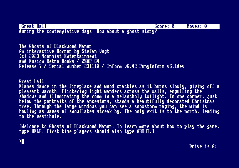My brand new #Infocom style Horror #adventure "The Ghosts of Blackwood Manor" is due to be released soon for all major home computers of the #80s. Here are some in-game screens from #Amstrad #CPC and #Commodore64. You're going to love this! Who's ready? #IF #interactive #fiction