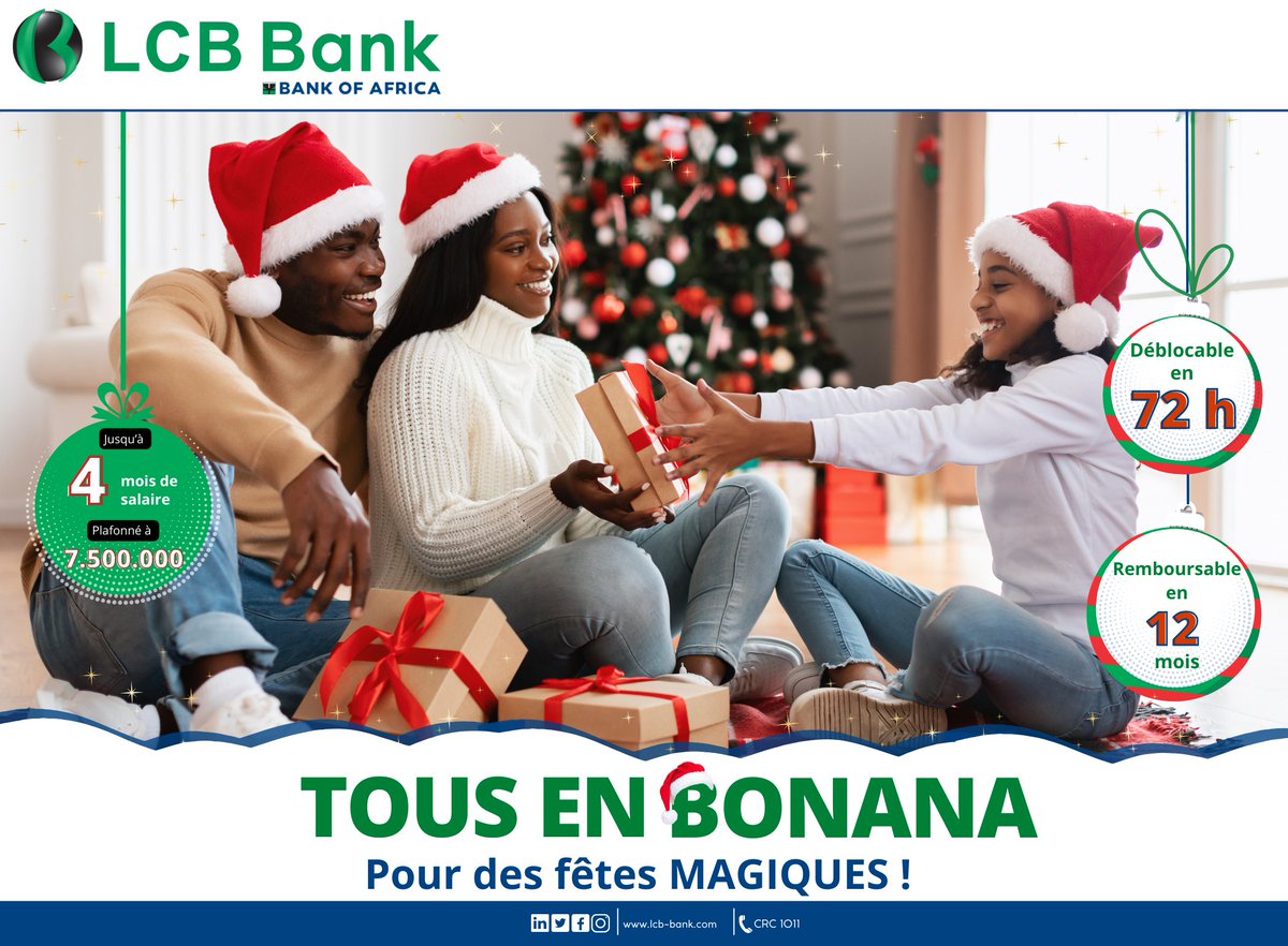 Célébrez la fin de l'année avec un coup de pouce financier! 🎉
Grace au crédit Tous en Bonana de LCB Bank, bénéficiez de 4 mois de salaire pour passer des fêtes magiques.
Infos line : 1011

#LCBBank #TOUSENBONANA