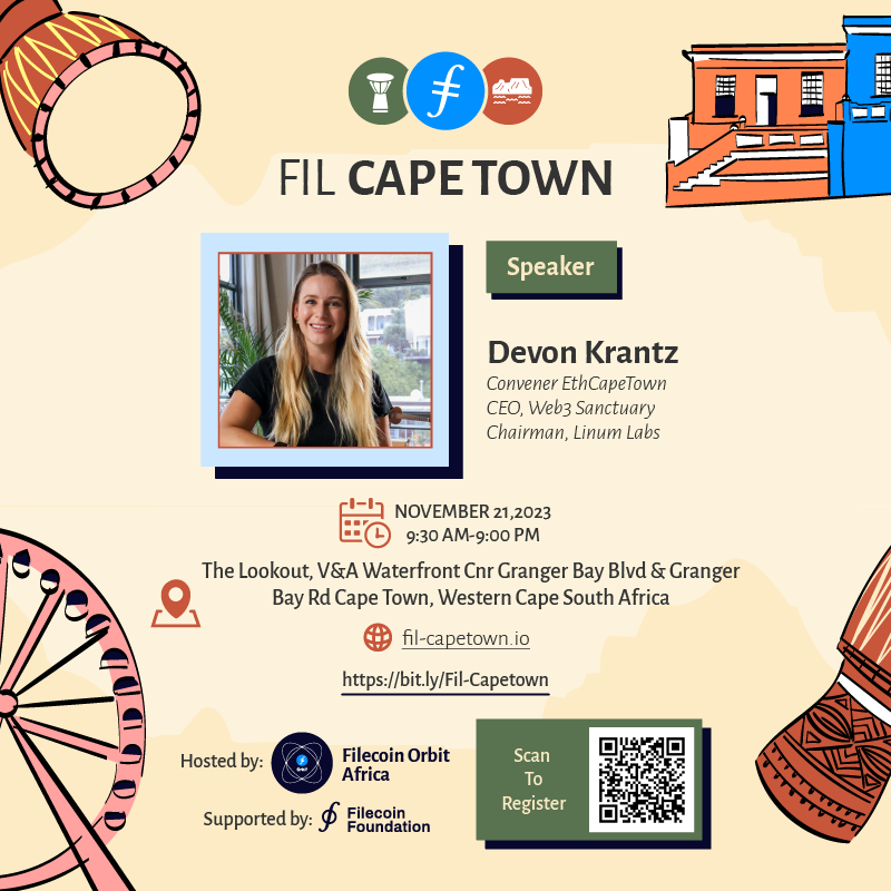 🌐 Excited to welcome Devon Krantz, a Web3 advocate and Chairman of the board at <a href="/LinumLabs/">Linum Labs</a> , as a speaker at #FILCapetown🚀 
She's the CEO <a href="/Web3Sanctuary/">Web3Sanctuary</a> a blockchain pioneer, and leader of <a href="/ETHCapeTown/">ETHCapeTown</a>.
Join us for insights into Web3 and blockchain development!