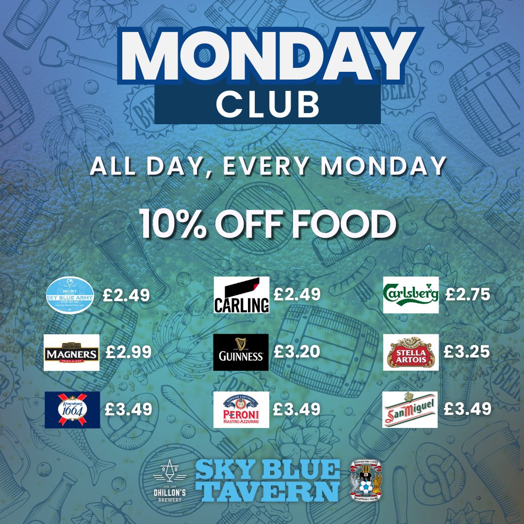 SkyBlueTavernPH's tweet photo. Don't suffer the Monday blues, join us at the Tavern for excellent offers on beer and food, running all day every Monday!
Bookings and walk-ins welcome ๐๐ด
#skybluetavern #indiangrill #indianrestaurant #beeroffers #placestoeatcoventry #pubgrub #cheapdrinks #coventry https://t.co/gUrQRhJO3v