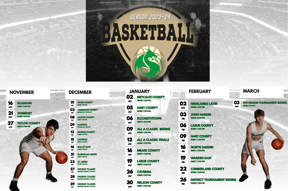 🟢🟡💪🏼🏀🐉
Below is our 23/24 Boys Basketball schedule.  

This season marks the 100th year of basketball for our program and we are super excited about the challenge we have put together for our kids this season in hopes to prepare us for postseason play! 

GO DRAGONS