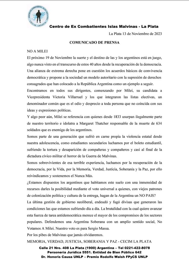 diariohoynet's tweet photo. 🇦🇷🗳️ |#CECIM | #Comunicado
El CECIM (Centro de Ex Combatientes Islas Malvinas) sacó un comunicado de prensa pronunciándose en contra del voto a Javier Milei.
📲Más info en @diariohoynet https://t.co/THfu5wduEN