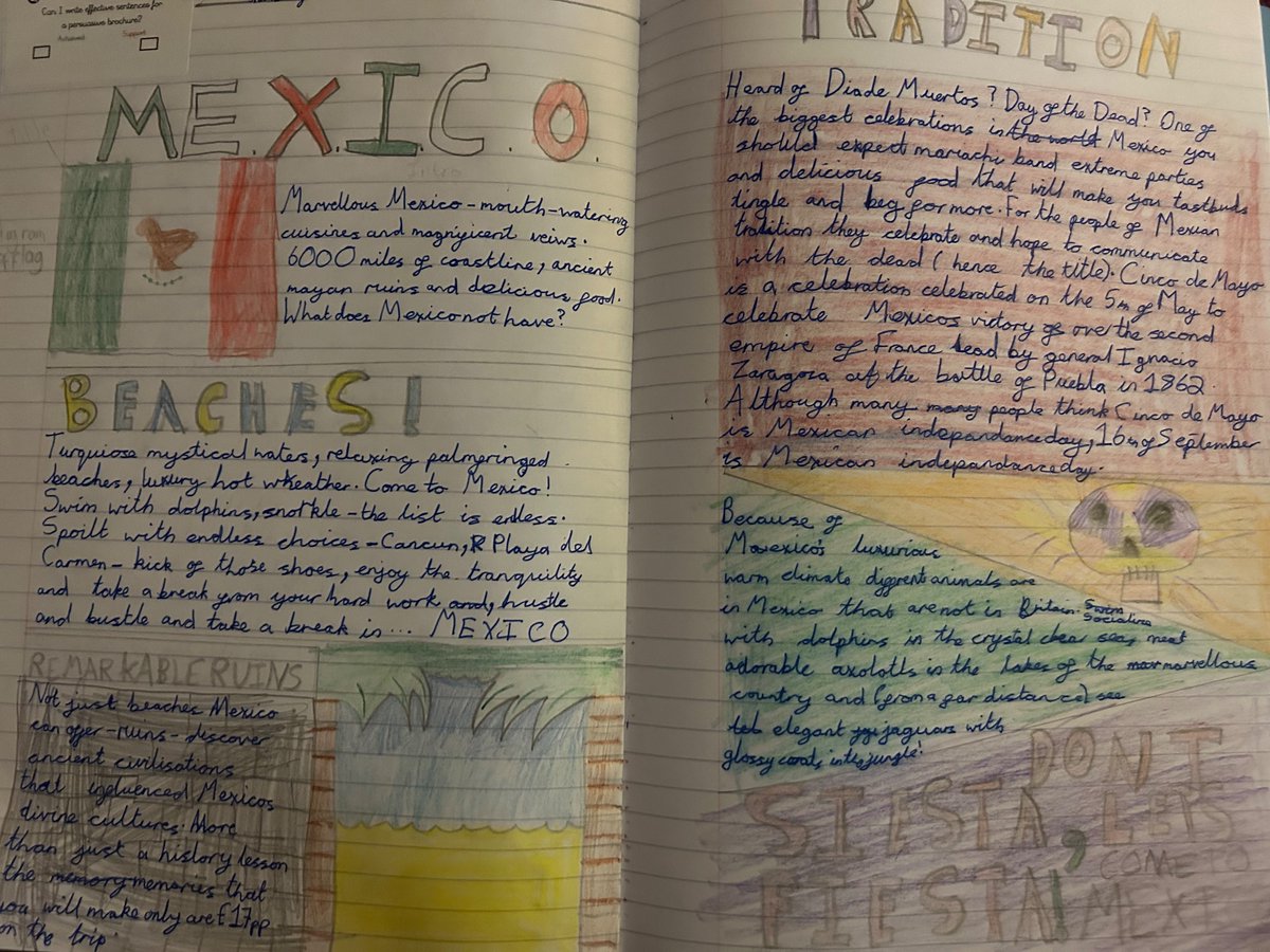 Year6_GV's tweet photo. Need a break from the hustle and bustle of life? Look no further as Year 6 have the perfect place for you! 😉
Take a look at our persuasive leaflets about Mexico! 🇲🇽🌮🌊☀️🐚🐢 
#OmarPowers #LearningPowers #Year6Writing https://t.co/06vxhZ4noM