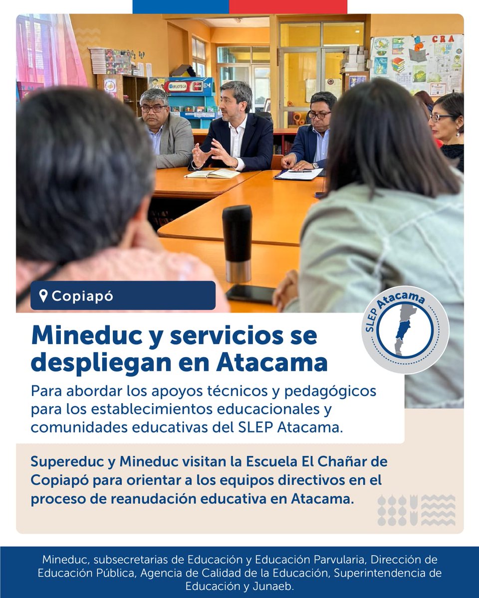 Mineduc's tweet photo. El Superintendente de Educación, Mauricio Farías, la Coordinadora nacional UCE, Viviana Castillo, y la jefa de la División de Educación General, Andrea Osorio, visitaron la Escuela El Chañar donde compartieron información sobre la normativa educacional. https://t.co/WW52O0MvuZ