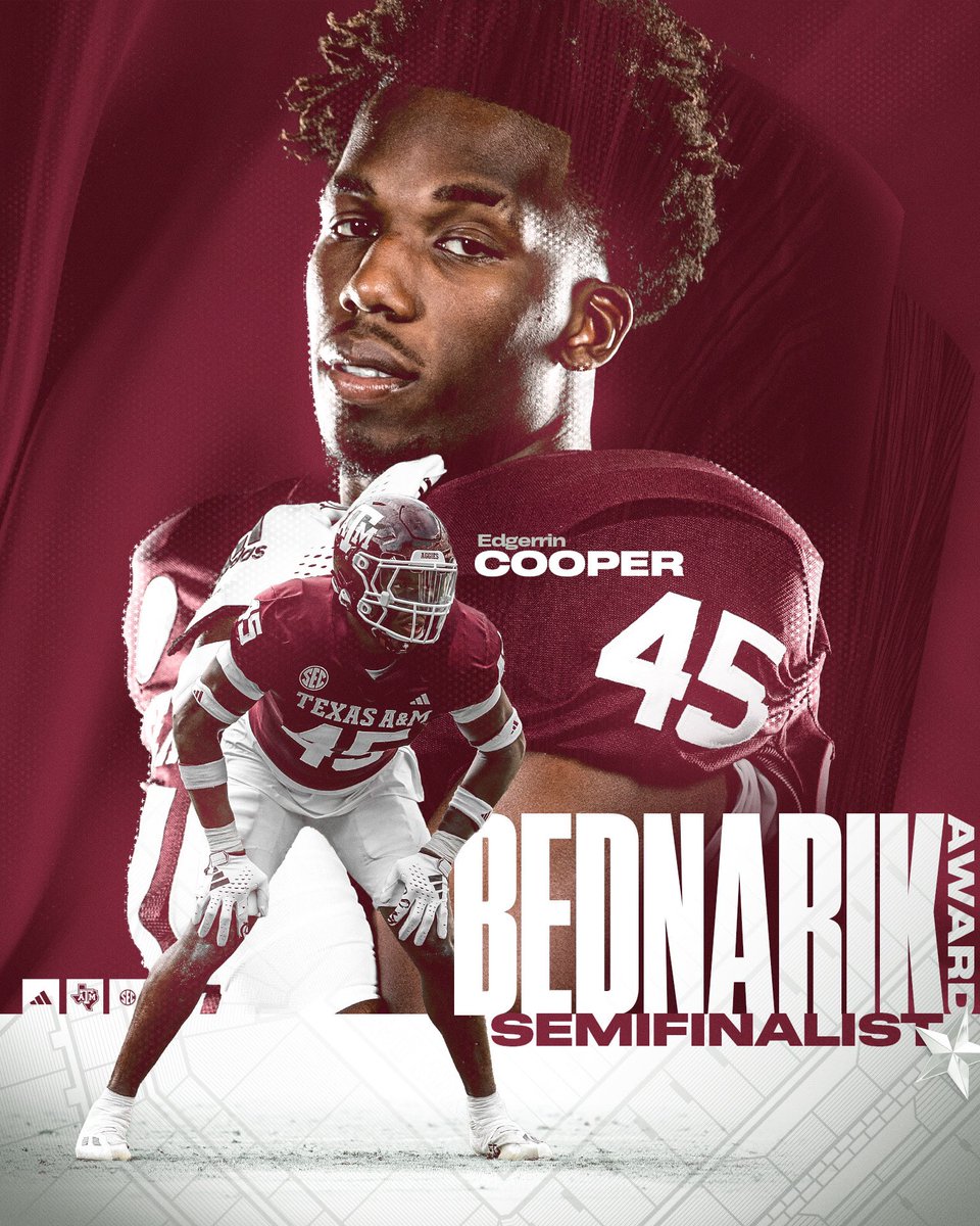 Edgerrin Cooper has been named a Bednarik Award semifinalist 

More » 12thman.com/news/2023/11/1…

#GigEm