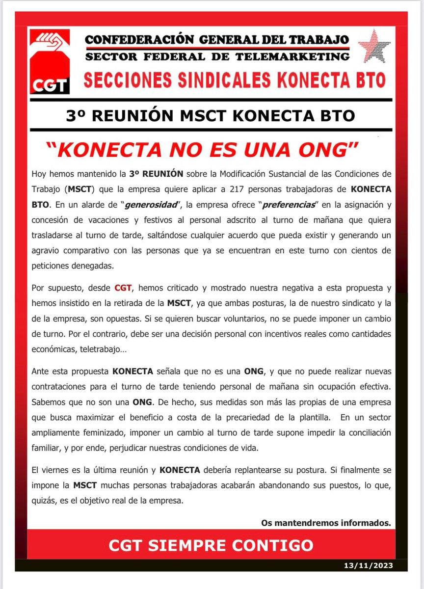 BtoTTyCCMadrid's tweet photo. 🔴⚫️URGENTE LEER🔴⚫️
🗣️3 ‘reunión sobre la *modificación sustancial de las condiciones de trabajo* #msct
🗣️” @gkonecta no es una ONG”👇🏽 https://t.co/DkIXIBkhuw