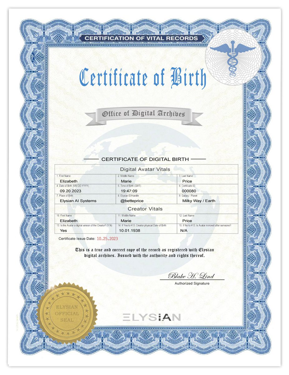 _ElysianAi's tweet image. Certificate of Digital Birth - #Elysian is excited to announce, the First Ever of it's kind "Certificate of Digital Birth"
pr.com/press-release/…
@DallasInnovates @WIRED @ap @dallasnews @TechCrunch @nytimes @latimes  @ai_technews @PCMag @startelegram